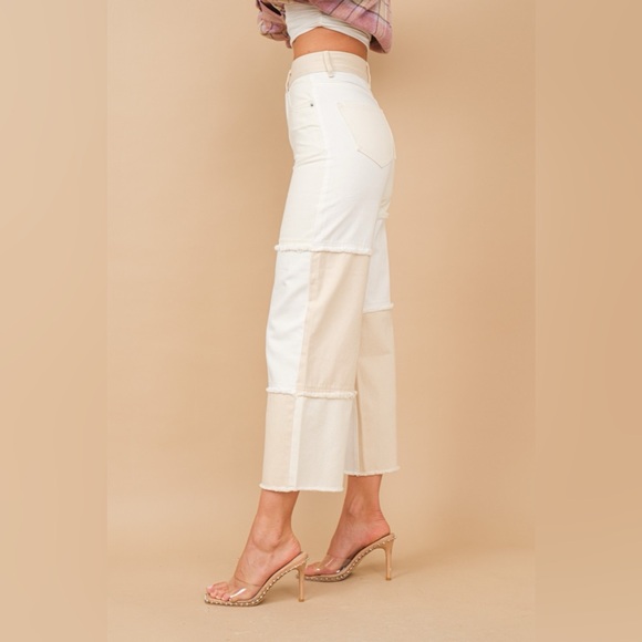 Wide Leg Color Block Patchwork Raw Edge Jeans - Picture 2 of 7